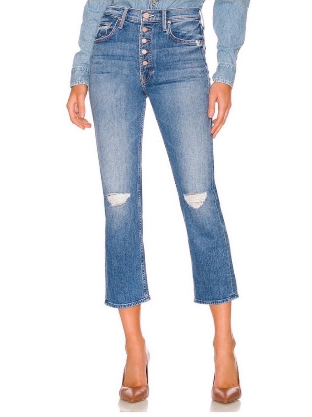 MOTHER Pixie Tomcat Crop Jeans 25 Not Cut & Pasted Distressed Button Fly